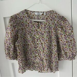 & Other Stories Floral Puff Sleeve Button-Front Blouse in Purple, Green, Brown